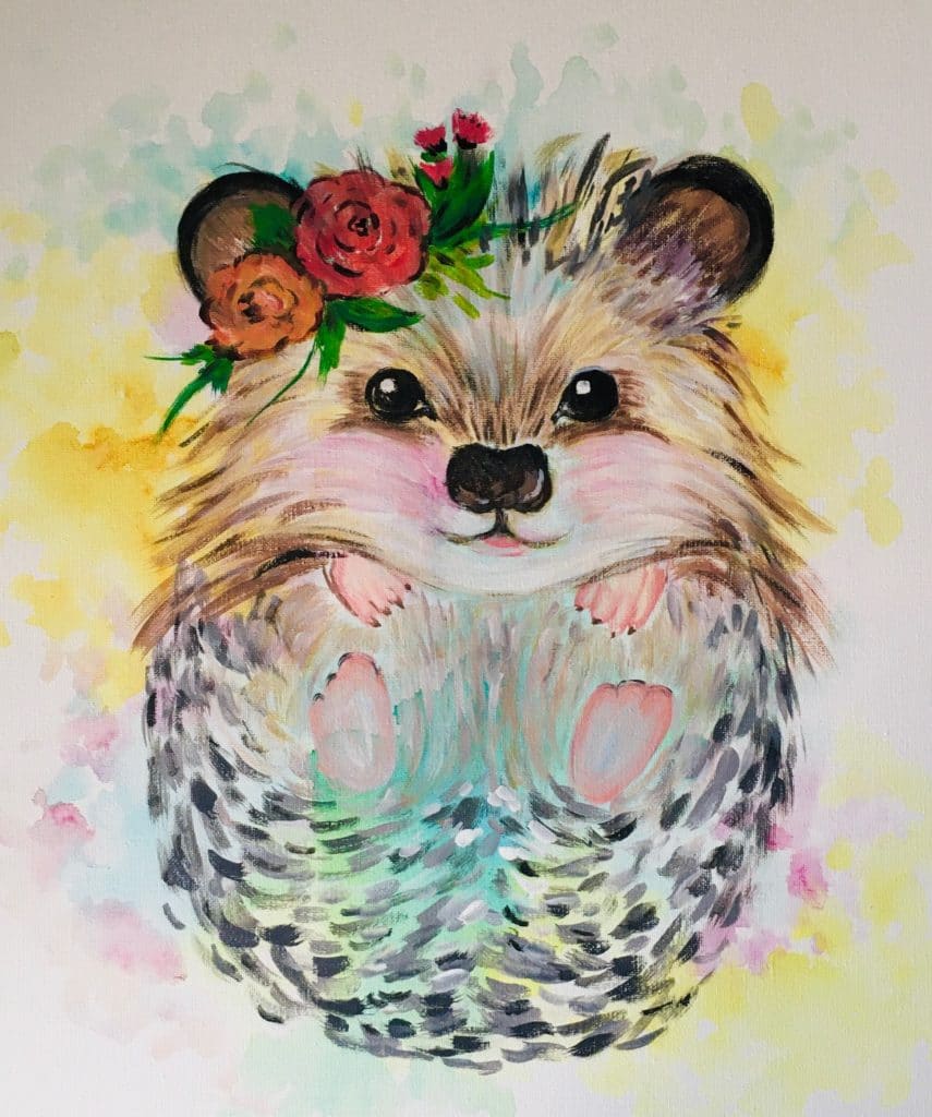 small color painting of flowers and hedgehog