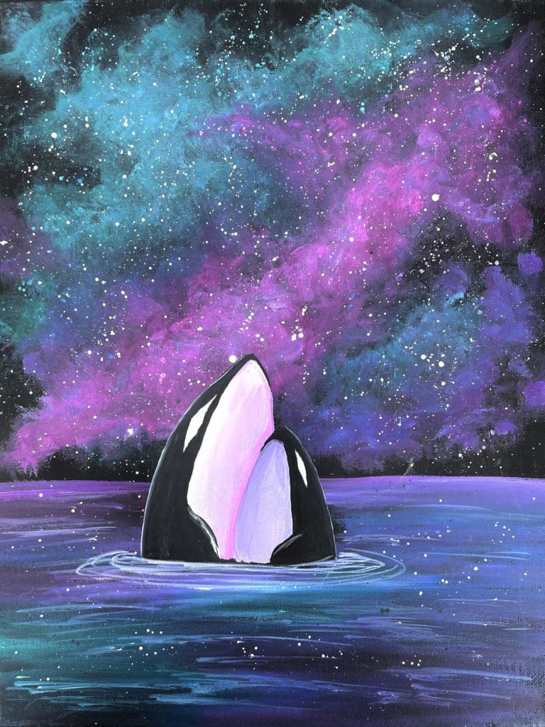 Galaxy painting with 2 orcas